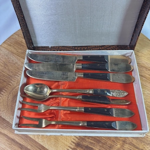 Vintage Brass & Wood Appetizer Set: Mid-Century Hors d&#39;Oeuvres Flatware in Box