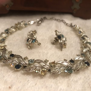 Mid Century Coro Signed Silver tone Rhinestone Choker Necklace With Matching Earrings