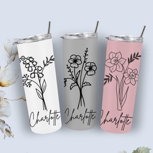 Personalized Birth Flower Tumbler, Custom Birth Month Flowers Cup Tumbler with Straw Bridesmaid Proposal Gifts, Birthday Gift