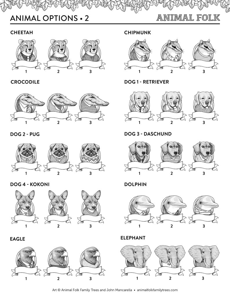 Personalized Animal Family Tree Portrait (dogs) Handdrawn Animals