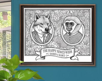 Customizable Animal Portrait Flower Background | A4 Print | Hand-Drawn Animals Represent Loved Ones | Personalized Text | Couples Portrait