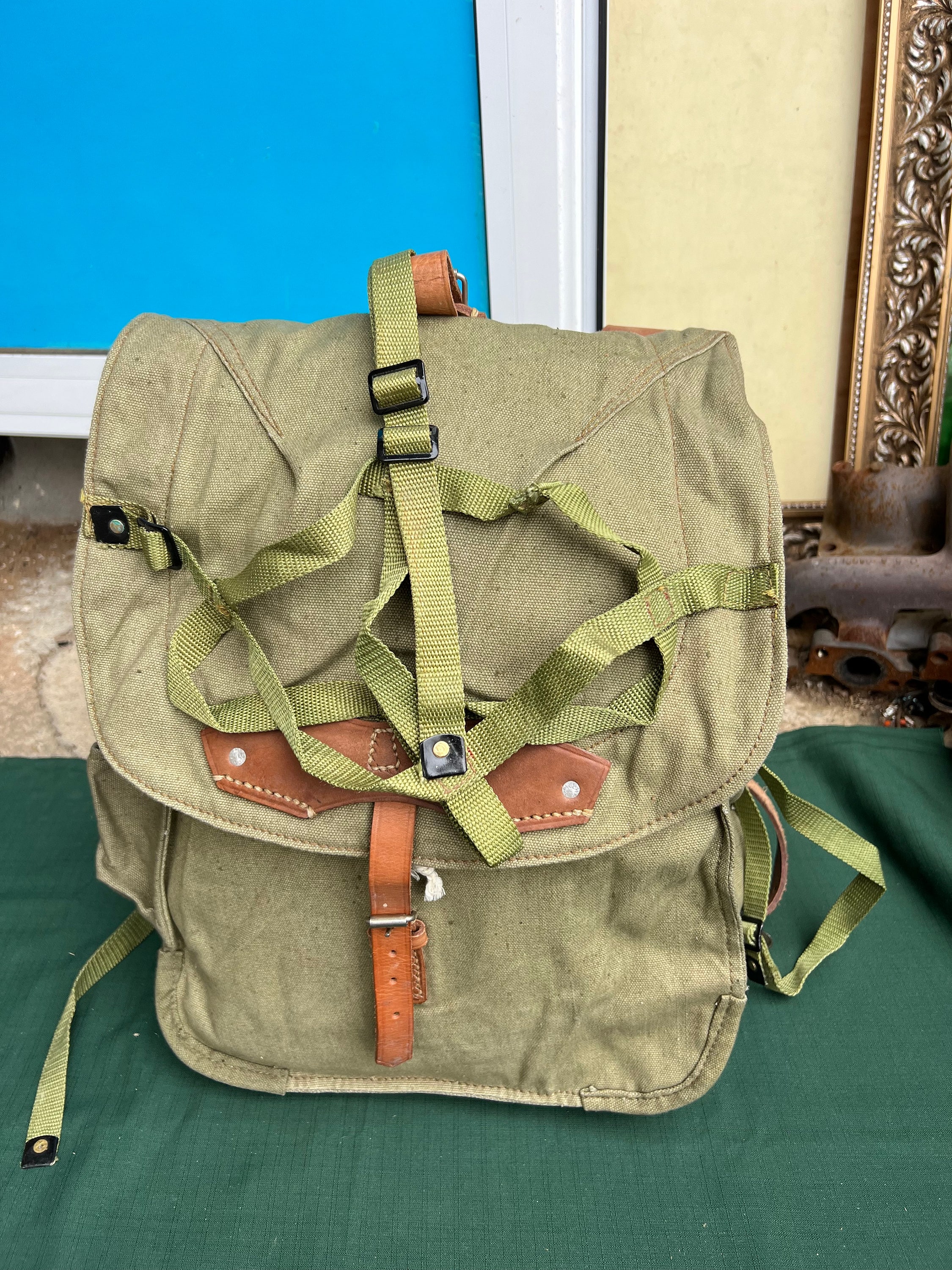 Romanian Military Canvas Backpack with Leather Straps