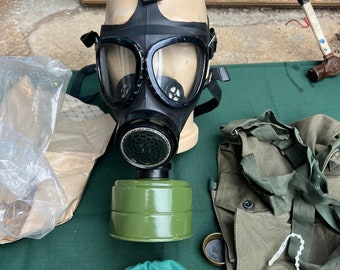 Vintage Black Military Gas Mask with Canvas Bag: 1980s Army Mask