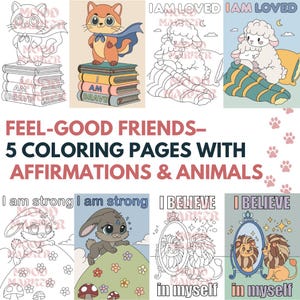 Pages à colorier affirmation pour enfants - 5 impressions d'animaux positifs (formats PDF et PNG, A4 et A5)