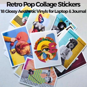Retro Pop Collage Stickers Pack – 18 Glossy Vinyl Stickers for Laptop, Journal, Scrapbooking & Aesthetic Decor