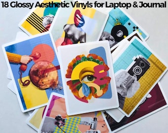 Retro Pop Collage Stickers Pack – 18 Glossy Vinyl Stickers for Laptop, Journal, Scrapbooking & Aesthetic Decor