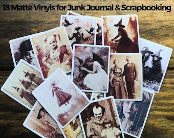 Vintage Halloween Creepy Photo Stickers Set – 18 Matte Vinyls, 2.7 inches Ephemera for Junk Journal & Scrapbooking