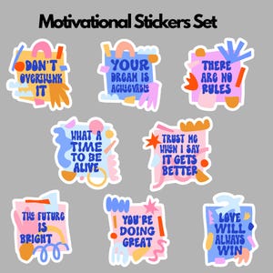 Motivational Stickers Set | Bright Pastel Affirmation Stickers | 8 Vinyl Stickers | 6 cm Height | Positive Quotes for Planners & Journals