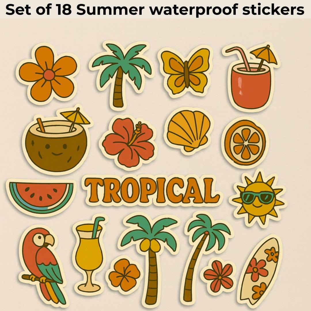 Tropical Summer Stickers | Waterproof Vinyl Sticker Pack | Beach Theme ...