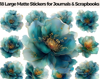 Blue Watercolor Flower Stickers Set – 18 Large Matte Floral Stickers • Scrapbook & Journal Supplies • Cottagecore Blue Flowers
