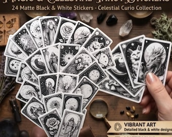 May include: A collection of 24 matte black and white tarot stickers from the Celestial Curio Collection. The stickers feature detailed designs of celestial and mystical imagery. The text on the image reads "Magic & Celestial Tarot Stickers".