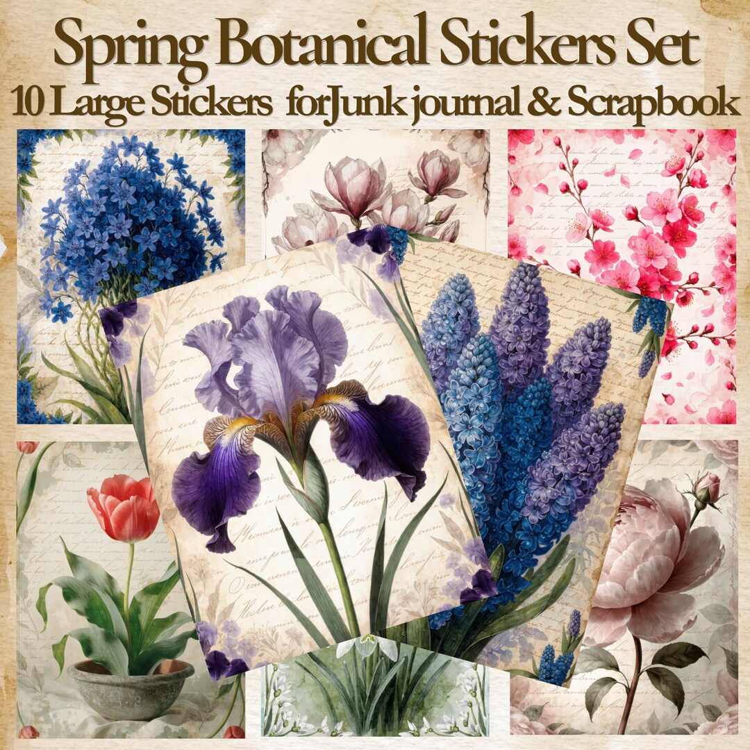 Spring Botanical Stickers Set 8 Large | Vintage Flower Stickers | Junk ...