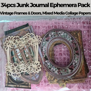 May include: A clear plastic bag containing 34 pieces of junk journal ephemera. The pack includes vintage frames, doors, and mixed media collage papers. The ephemera features floral designs and architectural elements in various colours.