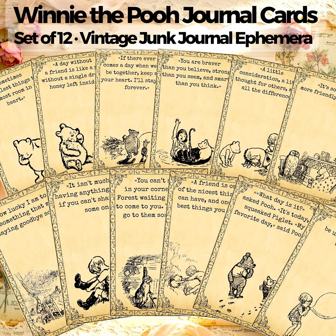 Winnie the Pooh Journal Cards Set 12 | Vintage Junk Journal Ephemera ...