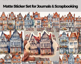 Watercolor Dutch Houses Sticker Set – 25 Matte Vinyl Stickers, European Architecture, Scrapbooking, Journal & Planner Decoration