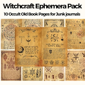May include: A collection of ten occult-themed old book pages for junk journals. The pages feature illustrations of stars, moons, and other mystical symbols. The text "Witchcraft Ephemera Pack" and "10 Occult Old Book Pages for Junk journals" are displayed at the top.