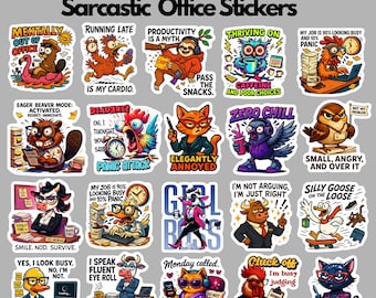 20 Funny Office Stickers | Sarcastic Animal Stickers for Laptop, Planner, Water Bottle | 2” Vinyl Stickers | Gift for Coworker