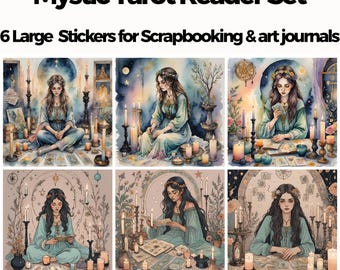6 Large Tarot Art Stickers, Witchy Journal Stickers, Mystic Tarot Reader Vinyl Stickers, Spiritual Journaling, Altar Scrapbooking