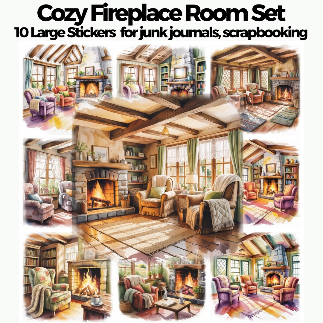 Cozy Fireplace Room Stickers Set (10 Pcs), Large Winter Cottage Journal ...