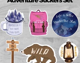 Adventure Stickers Set – Motivational Outdoor Vinyl Stickers – Hiking, Camping, Travel Planner – 6 Waterproof Stickers