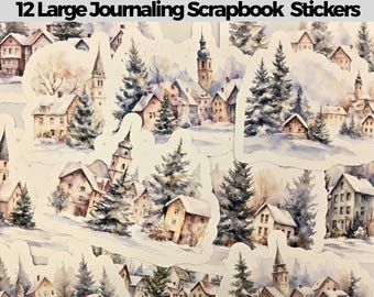 12 Cozy Winter Stickers, Snowy Village Houses, Large Watercolor Journal & Scrapbook Stickers