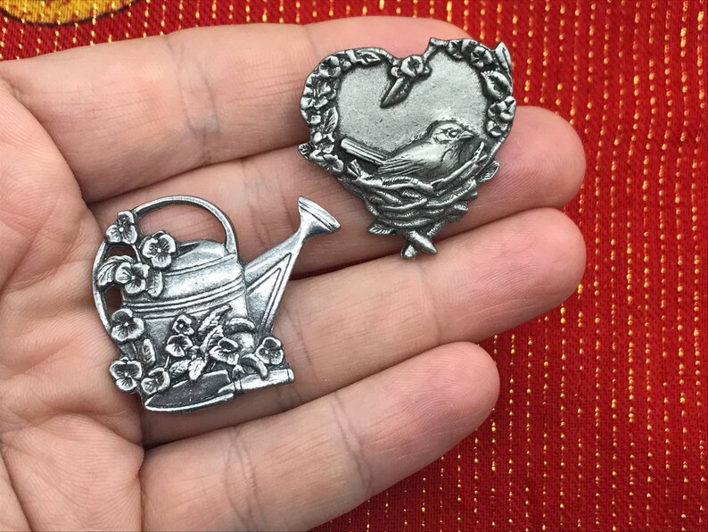 Birds and Blooms Set of 4 Brooches Birds, Flowers, Wheel Barrow, Heart