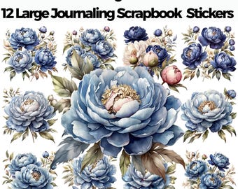 May include: A collection of 12 large journaling scrapbook stickers featuring blue peony floral designs. The stickers showcase various arrangements of blue peonies with accents of pink and green, set against a white background. The text "Blue Peony Floral Set" and "12 Large Journaling Scrapbook Stickers" is displayed at the top.