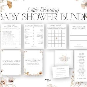 May include: A baby shower bundle with various games and advice cards. The bundle includes "Guess Who? Daddy or Mommy?", "Who Knows Mommy Best?", and a Baby Bingo game. The design features floral accents and the text "Little Blessing".
