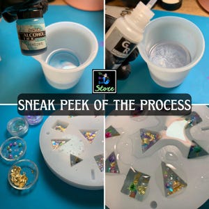 May include: A crafting process showing ArtSkills Calypso alcohol ink and white ink being poured into silicone mixing cups, alongside a white silicone mold filled with gold leaf flakes, colorful beads, and resin shapes. Text reads SNEAK PEEK OF THE PROCESS.