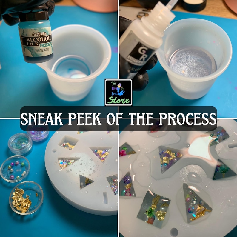 May include: A crafting process showing ArtSkills Calypso alcohol ink and white ink being poured into silicone mixing cups, alongside a white silicone mold filled with gold leaf flakes, colorful beads, and resin shapes. Text reads SNEAK PEEK OF THE PROCESS.