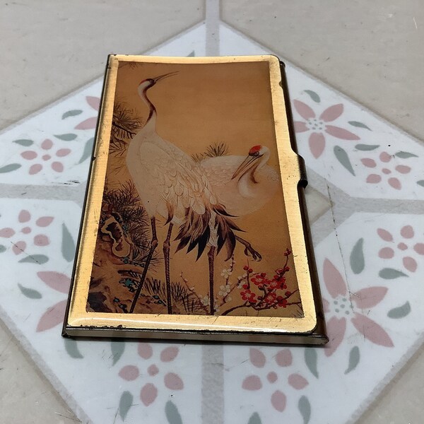 Vintage Business Card holder all metal hinged with beautiful set of crane like birds snaps shut tightly smooth finish perfect for 12 cards