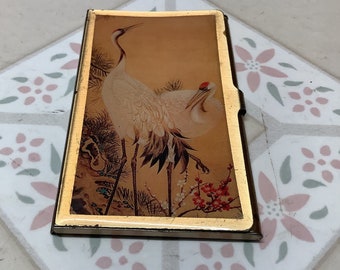 Vintage Business Card holder all metal hinged with beautiful set of crane like birds snaps shut tightly smooth finish perfect for 12 cards