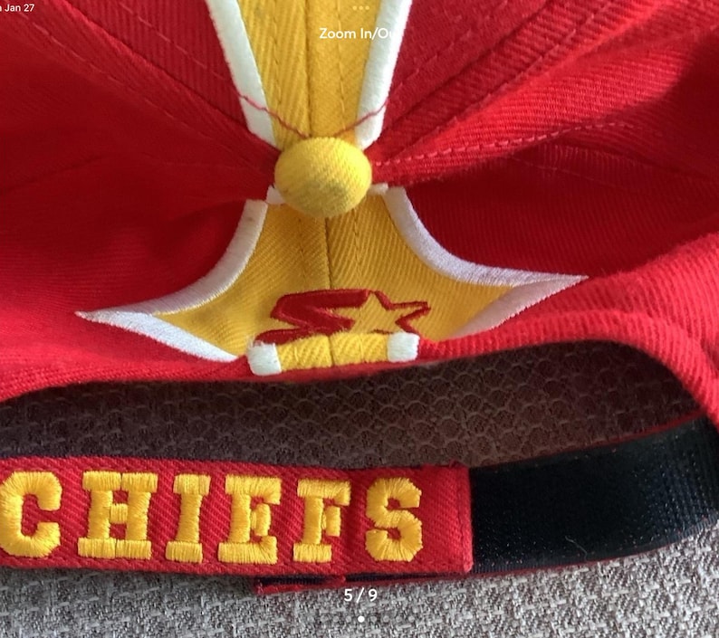 May include: Red and yellow baseball cap with a white star and the word "CHIEFS" embroidered in yellow on the front.