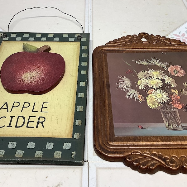 1990’s wall art Apple Cider and Flowers in a Vase. Simple 3D wood apple and cider plaque and grooved wooden plank & vintage flowers in vase