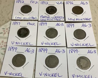 Liberty Head V Nickels AG-3 up to F-12 as seen in Blue Book Guide & graded with help of CoinSnap app decent conditions dates 1892 to 1912