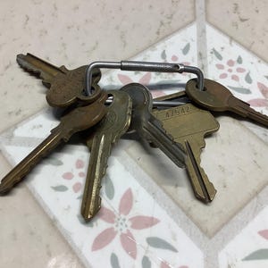 May include: A set of six keys on a silver key ring. The keys are all brass and have different shapes and sizes. One key has the number 41542 on it.