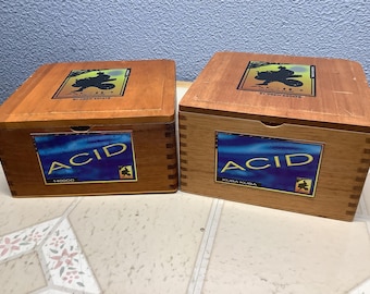 Wooden cigar box colorful reflective Blue & Gold Acid labels by Drew Estate Hidden  hinge crafty dovetailed design is UNIQUE! Your choice