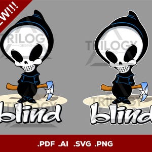May include: Cartoon illustration of a grim reaper character in black robes, holding a wooden and blue axe. The word "BLIND" is written in white script below the character. The image has a "NEW!!!" banner in the top left corner.