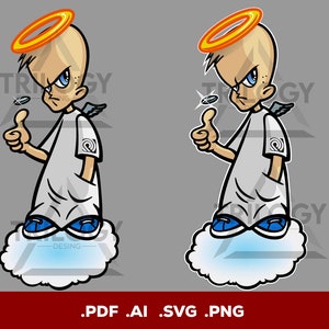 Puede incluir: Una ilustración de dibujos animados de un ángel calvo de aspecto travieso con un halo y alas, haciendo un pulgar hacia arriba. El ángel está de pie sobre una nube blanca con un centro azul. La imagen está en un estilo de dibujos animados con colores brillantes.