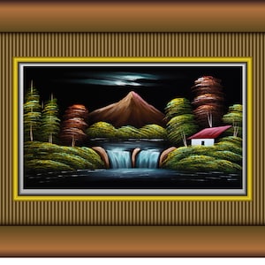 May include: A framed painting depicting a dark, nighttime scene with a waterfall flowing through a lush forest. A small house with a red roof sits on a hill overlooking the waterfall. The painting is set against a black background and features a mountain in the distance.