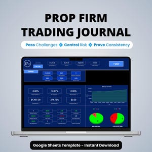 Peut inclure: Un écran d'ordinateur portable affichant un tableau de bord Prop Firm Trading Journal avec une interface bleu foncé, des tableaux financiers, des graphiques et des diagrammes. Le texte inclut Prop Firm Trading Journal, Pass Challenges, Control Risk, Prove Consistency et Google Sheets Template - Instant Download.