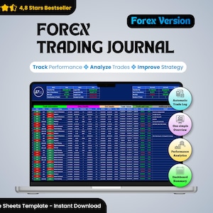 Può includere: Un laptop mostra un foglio di calcolo Forex Trading Journal. Lo schermo mostra tabelle di dati con celle con codice colore. Il testo sullo schermo include "Track Performance, Analyze Trades, Improve Strategy." Il testo aggiuntivo include "Automatic Trade Log, One simple Overview, Performance Analytics, Dashboard Summary."