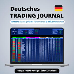Könnte beinhalten: Ein Laptop mit einer Trading-Journal-Tabelle mit dem Text "Deutsches TRADING JOURNAL". Der Bildschirm zeigt Daten in einem Rasterformat mit farbcodierten Zellen. Die deutsche Flagge befindet sich oben rechts. Der Text "Google Sheets Vorlage - Sofort Download" steht unten.