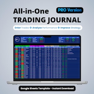 Könnte beinhalten: Ein Laptop mit einer Trading-Journal-Vorlage. Der Bildschirm zeigt Datentabellen mit roten, grünen und weißen Zellen. Der Text enthält "Enter Trades, Analyze Performance, Improve Strategy". Der Titel lautet "All-in-One TRADING JOURNAL".