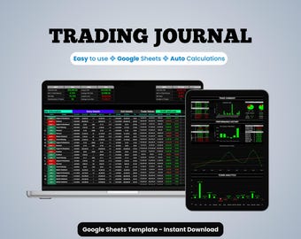 Trading Journal Google Sheets Template | Trade Log, Dashboard & PnL Tracker | Stock and Crypto Trading Spreadsheet | Dark Mode