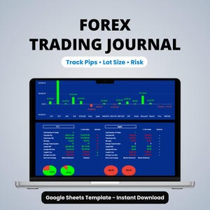 Pode incluir: Um computador portátil exibindo um modelo de Google Sheets para diário de trading Forex. O ecrã mostra dados financeiros, gráficos de barras e métricas de desempenho com o texto "FOREX TRADING JOURNAL", "Track Pips • Lot Size • Risk" e "Google Sheets Template - Instant Download".