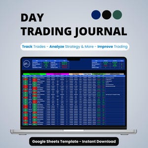 Pode incluir: Um diário de day trading digital exibido na tela de um laptop, apresentando uma planilha detalhada com colunas para informações de negociação, análise de estratégia e dados de lucros e perdas. O texto diz Day Trading Journal e Google Sheets.