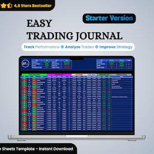 Op de afbeelding: Een laptop met een trading journal template. Het scherm toont een spreadsheet met gegevens en de tekst "Easy Trading Journal" staat bovenaan. De template is een Google Sheets template en is direct te downloaden.