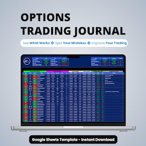 Può includere: Uno schermo di un portatile che mostra un modello Google Sheets per un diario di trading di opzioni. L'interfaccia presenta un foglio di calcolo blu scuro con colonne per informazioni commerciali, dettagli di entrata, uscita e note.