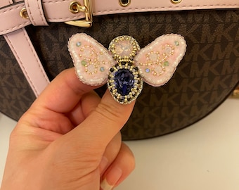Handmade brooch moth, embroidered butterfly brooch, pink purple pin, Swarovski crystal jewelry, small wedding brooch, white flower brooch